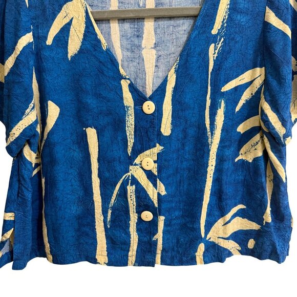 Vintage Jams World M Button Up V-Neck Cropped Hawaiian Bamboo Shirt Short Sleeve - Picture 4 of 6